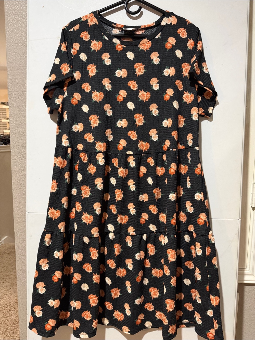 LuLaRoe Ariel Black Dress with Peach and Cream Roses waffle crepe fabric